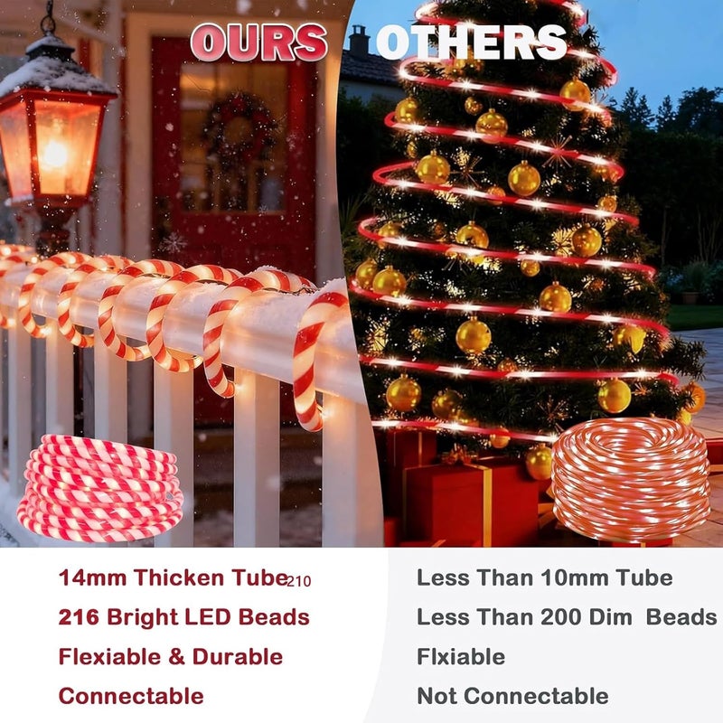 Vigdur Christmas Candy Cane Rope Lights - 18FT LED Rope Lights Outdoor Waterproof Decorative Christmas Lights for Holiday Party Home Patio Indoor Xmas Decorations(216 LEDs) - Image 4